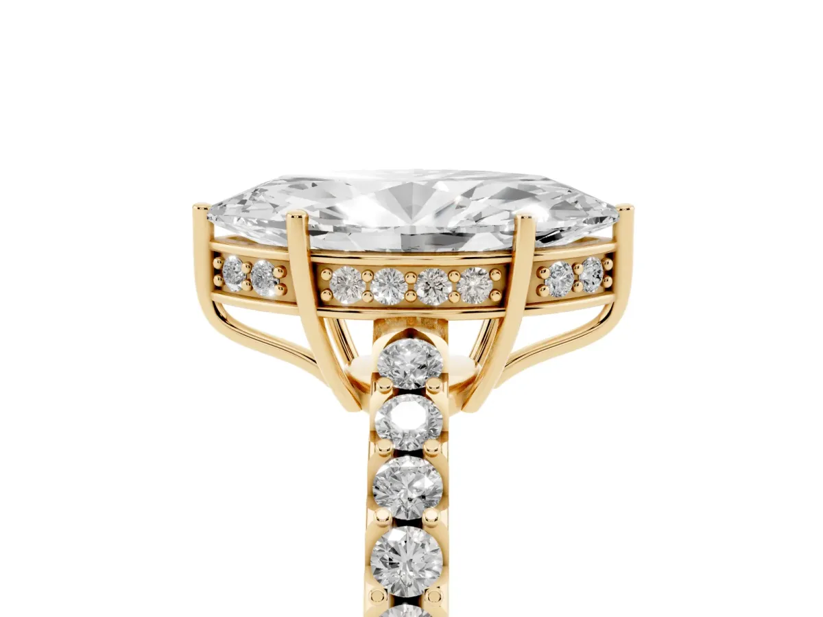 Marquise Cut Solitaire Diamond Engagement Ring with Pavé Band and Six-Prong Setting Yellow gold