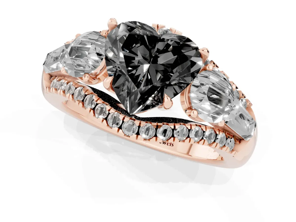 Fancy Black Three-Stone Heart Cut Diamond Engagement Ring with Pave Band and Prong Setting Rose gold
