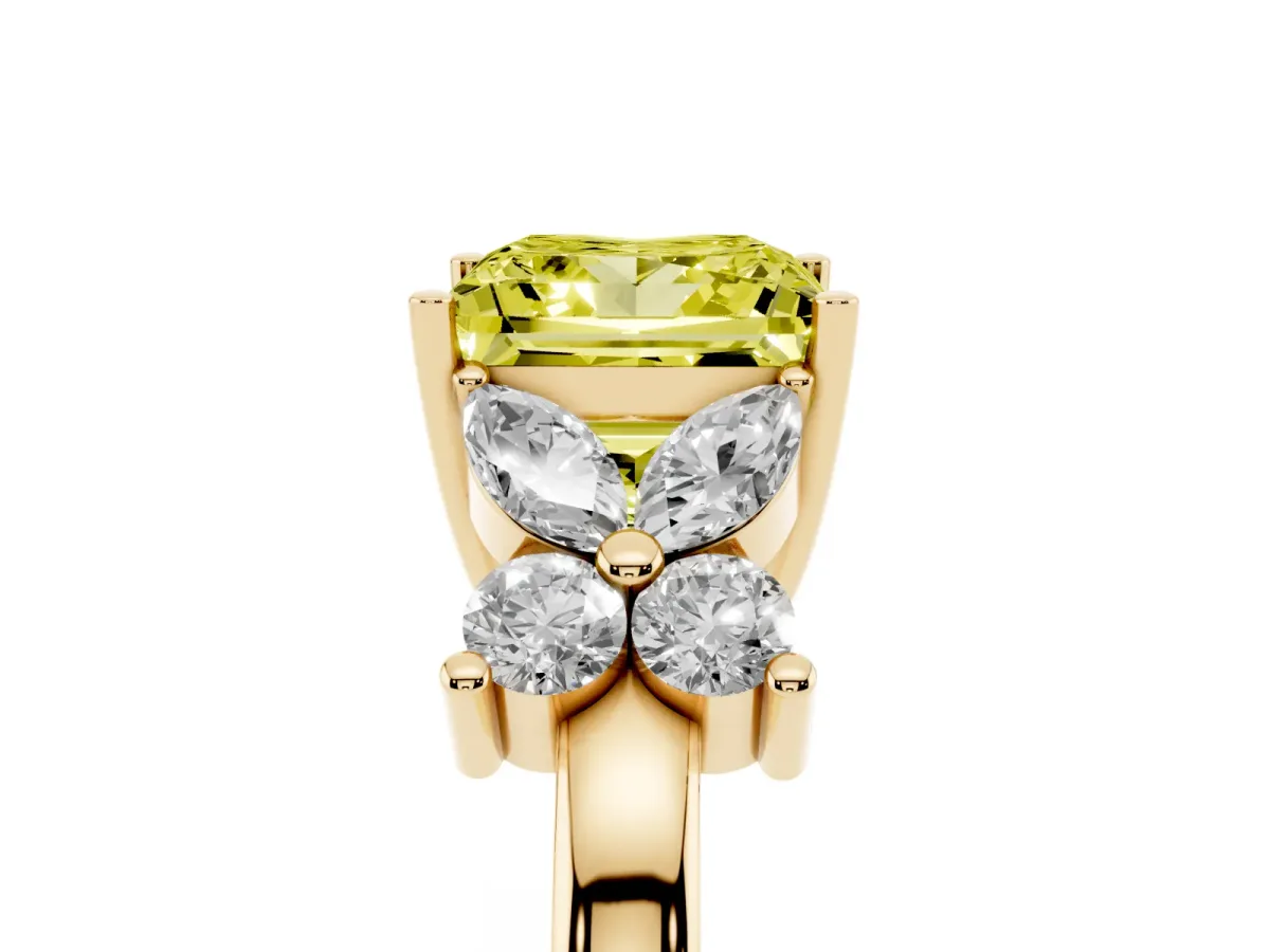 Fancy Yellow Princess Cut Diamond Floral Cluster Ring with Solitaire Band and Prong Setting Yellow gold
