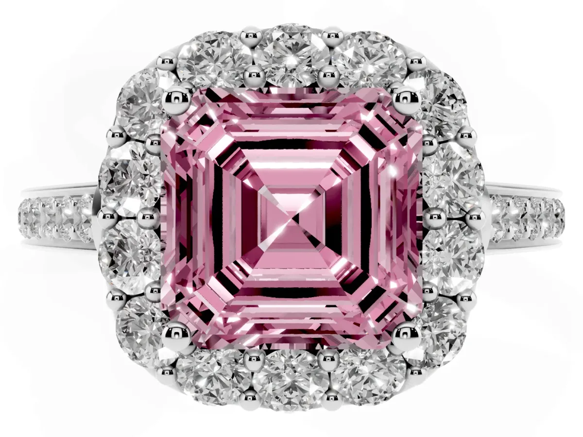 Fancy Pink Asscher Cut Diamond Floral Halo Ring with Pavé Band and Prong Setting Silver