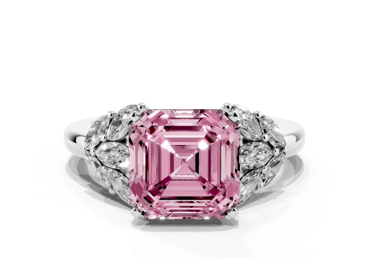 Fancy Pink Asscher Cut Diamond Cluster Leaf Design Ring with Prong Setting Silver