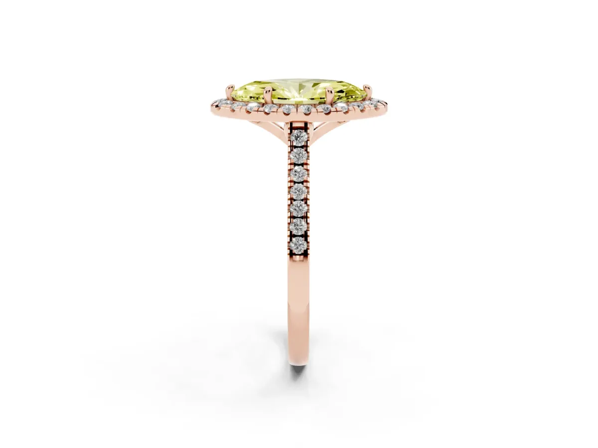 Fancy Yellow Marquise Cut Diamond Cushion Halo Ring with Pavé Band Rose gold
