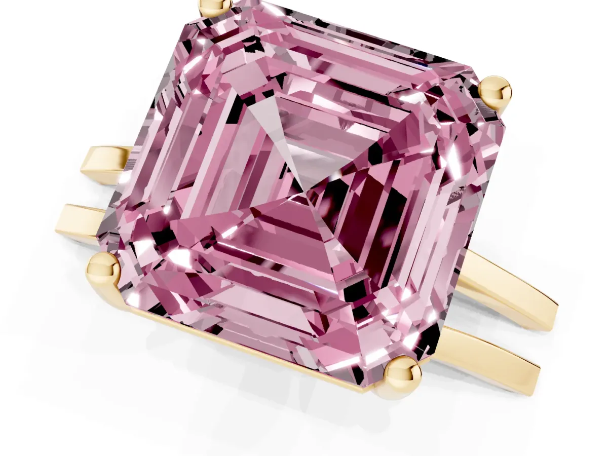 Fancy Pink Asscher Cut Cut Diamond Solitaire Engagement Ring with Tapered Plain Band and Four-Prong Setting Yellow gold