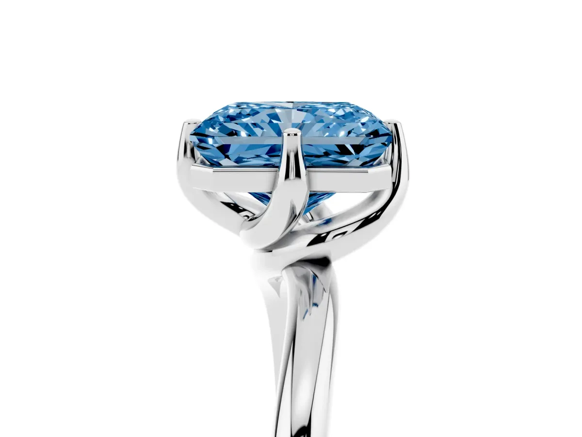Fancy Blue Radiant Cut Diamond Solitaire Engagement Ring with Four-Prong Setting and Classic Band Silver