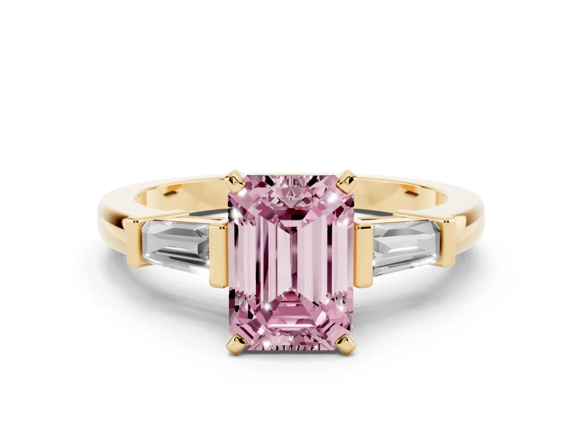 Fancy Pink Emerald Cut Cut Diamond Solitaire Ring with Tapered Baguette Accents and Four-Prong Setting Yellow gold