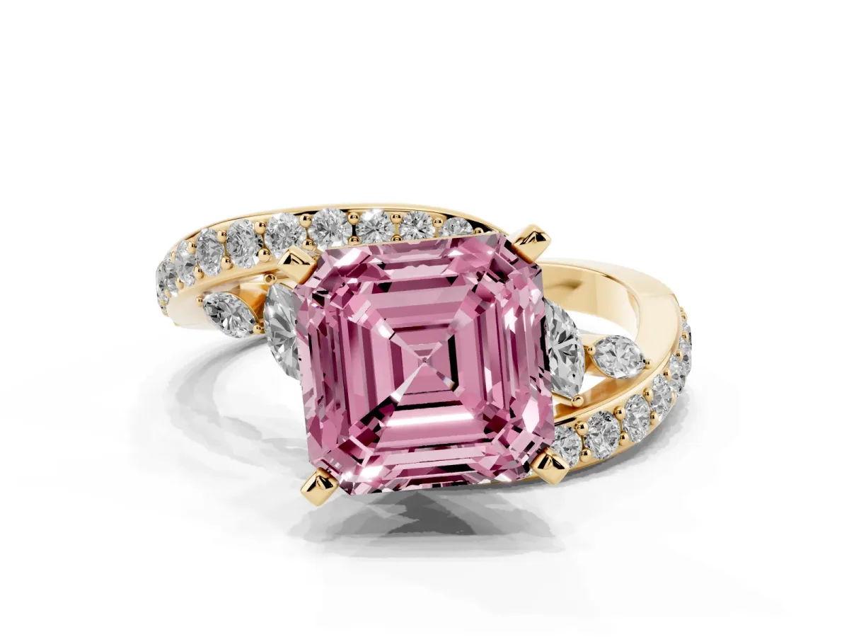 Fancy Pink Asscher Cut Solitaire with Pavé Twist Band and Four-Prong Setting Yellow gold