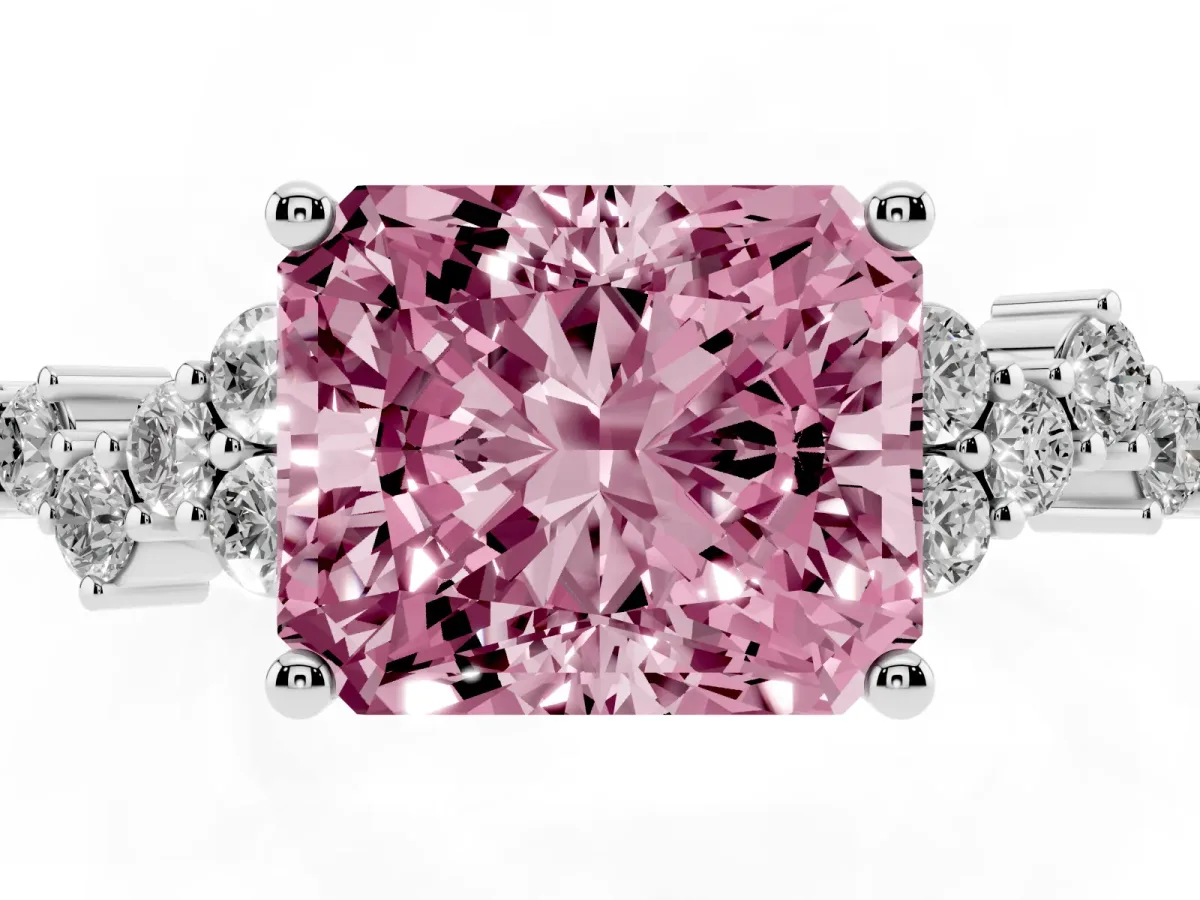Fancy Pink Radiant Cut Diamond Scattered Round Accent Ring with Prong Setting White gold