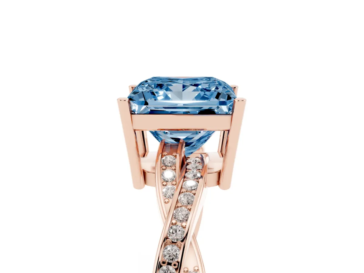 Fancy Blue Princess Cut Solitaire Twisted Pave Diamond Ring with Four-Prong Setting Rose gold