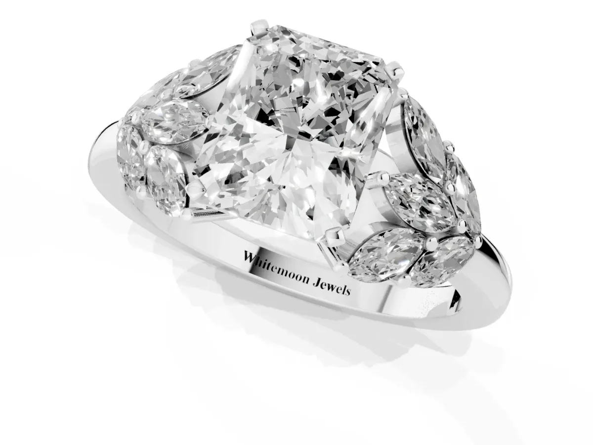 Radiant Cut Diamond Cluster Leaf Design Ring with Prong Setting Silver