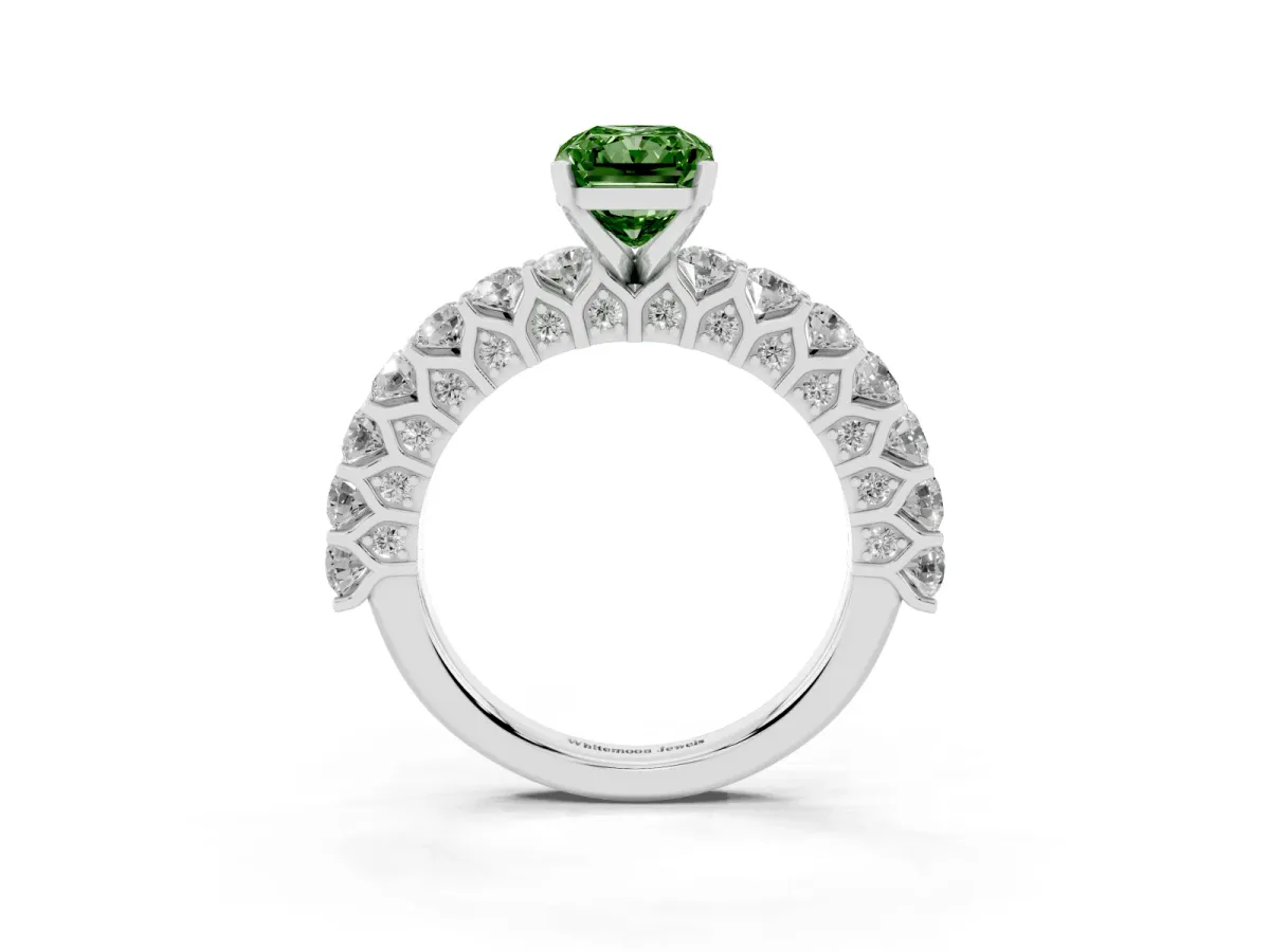 Fancy Green Radiant Cut Diamond Solitaire Ring with Shared Prong Pavé Band and Four-Prong Setting Silver
