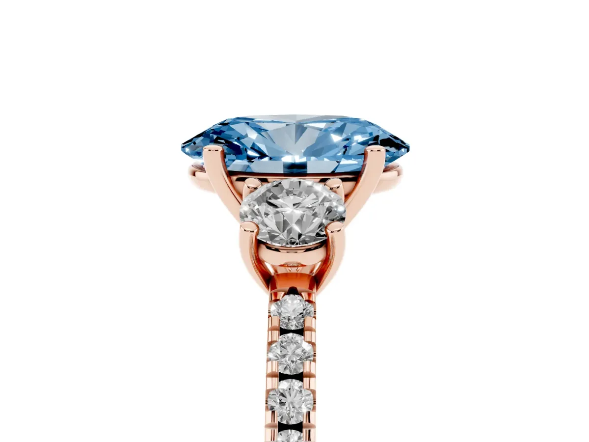 Fancy Blue Three-Stone Oval Cut Cut Diamond Pavé Band with Prong Setting Rose gold