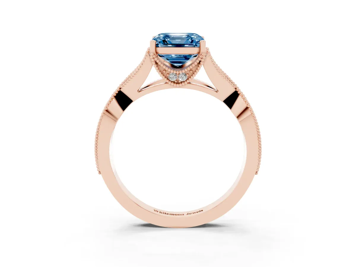 Fancy Blue Asscher Cut Cut Diamond Twisted Band with Milgrain Pave Setting and Four-Prong Setting Rose gold