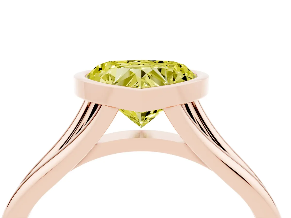 Fancy Yellow Bezel Set Heart Cut Cut Solitaire Ring with Tapered Band Rose gold