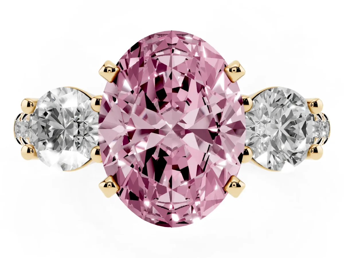 Fancy Pink Three-Stone Oval Cut Diamond Pavé Band with Four-Prong Setting Yellow gold