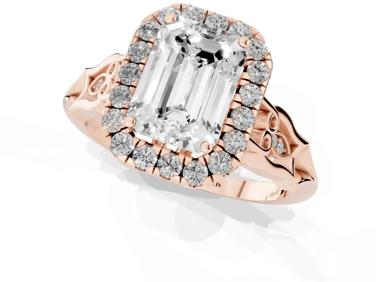 Emerald Cut Halo Diamond Engagement Ring with Filigree Band and Four-Prong Setting Rose gold