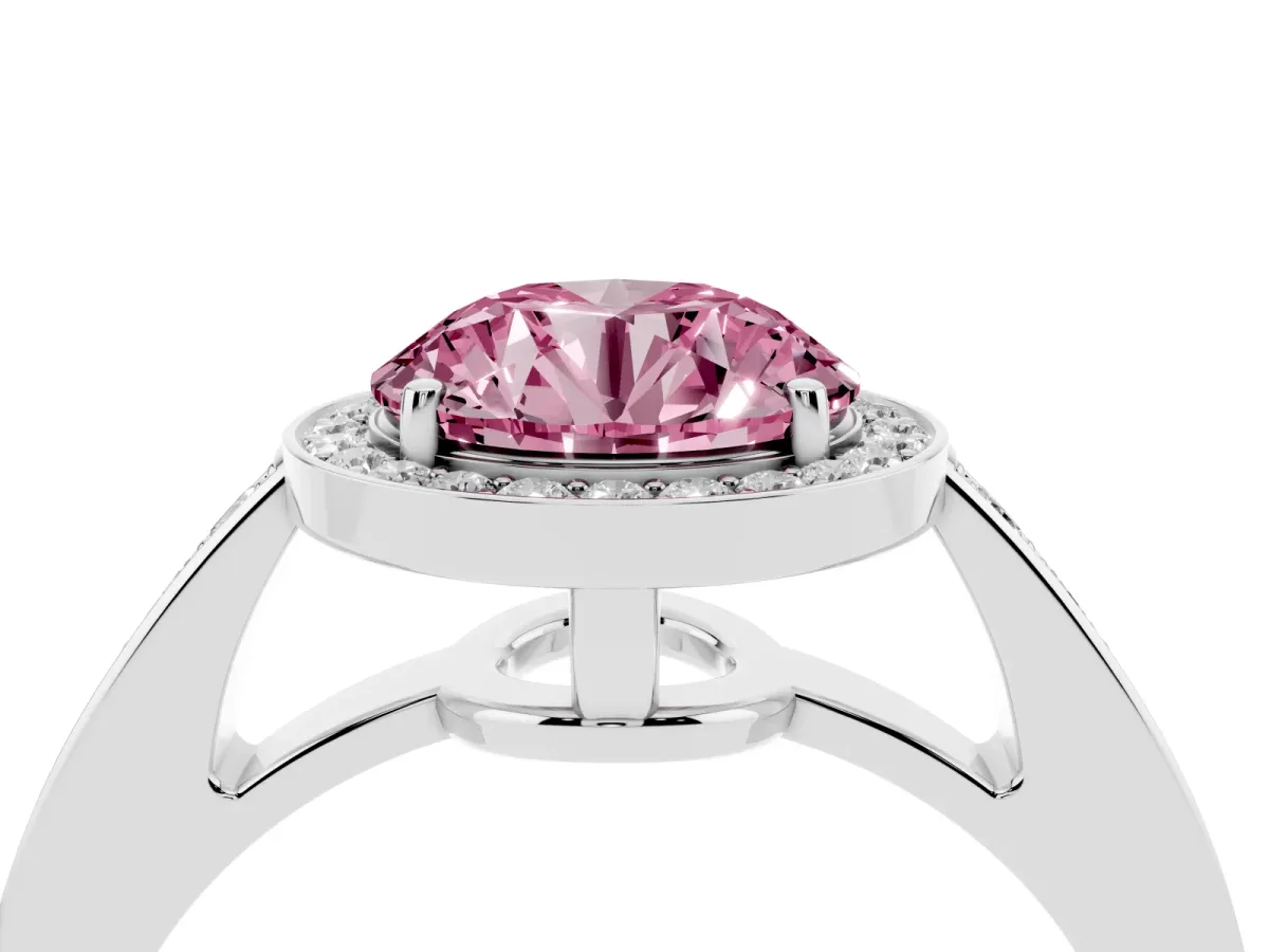 Fancy Pink Round Cut Halo Pavé Diamond Engagement Ring with Bezel Setting Silver