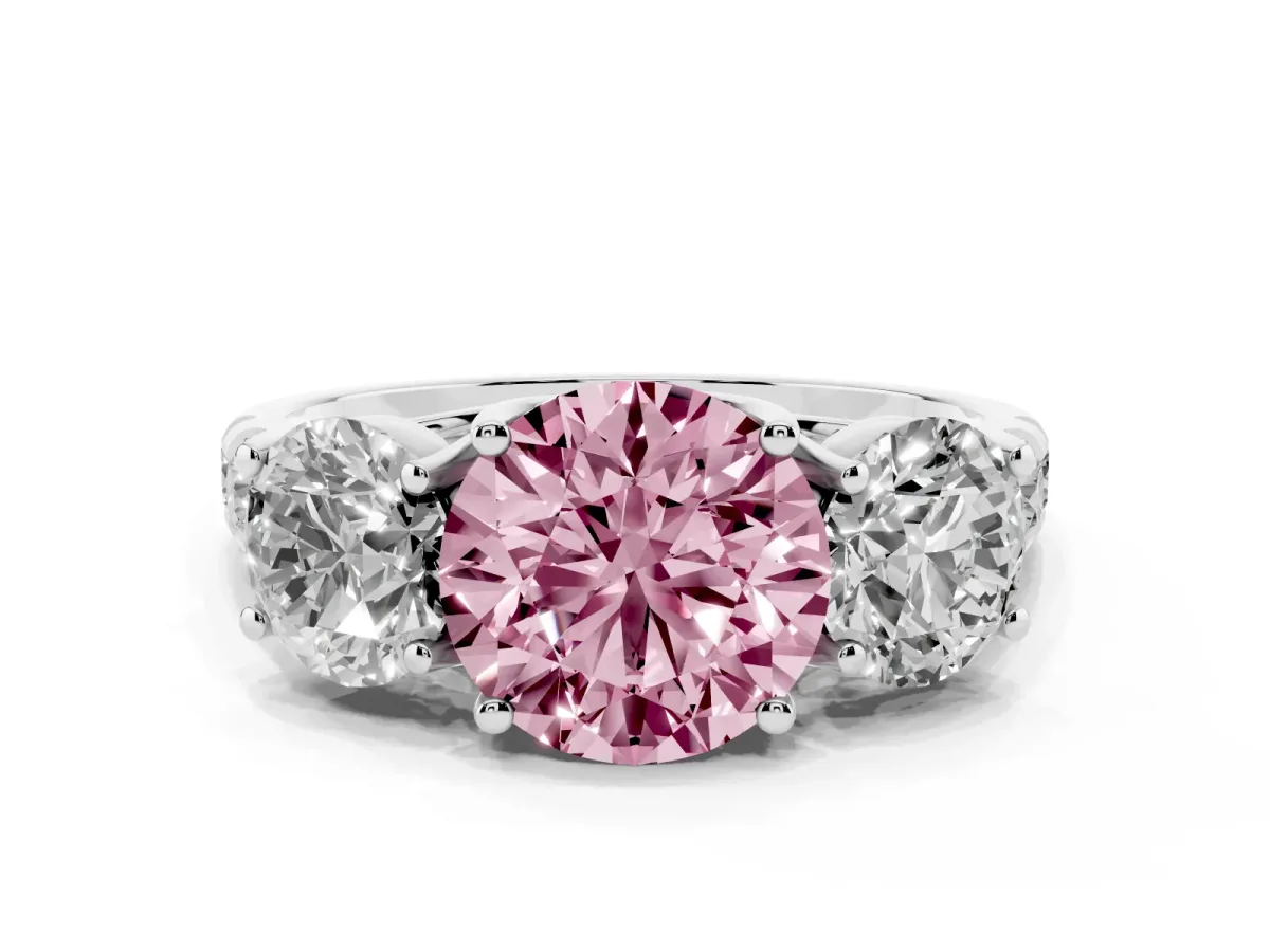Fancy Pink Three-Stone Round Cut Diamond Pavé Band with Prong Setting Platinum