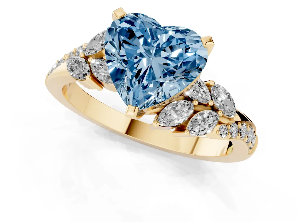 Fancy Blue Heart Cut Solitaire Marquise Twist Band with Six-Prong Setting Yellow gold