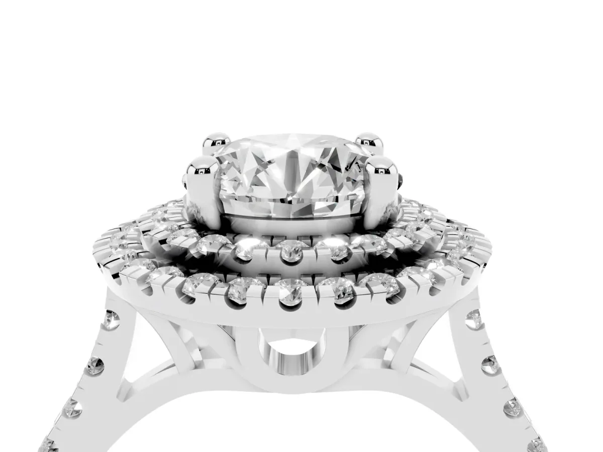 Double Halo Round Cut Diamond Pavé Band with Four-Prong Setting Silver