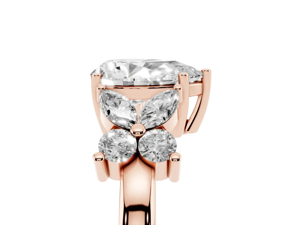 Pear Cut Diamond Floral Cluster Ring with Solitaire Band and Prong Setting Rose gold