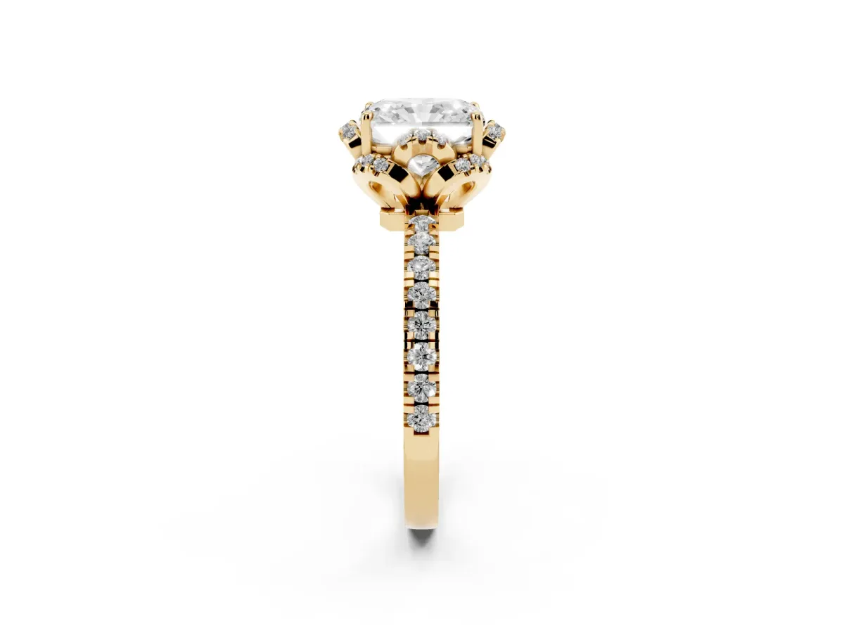 Radiant Cut Diamond Halo Pave Band with Four-Prong Setting Yellow gold