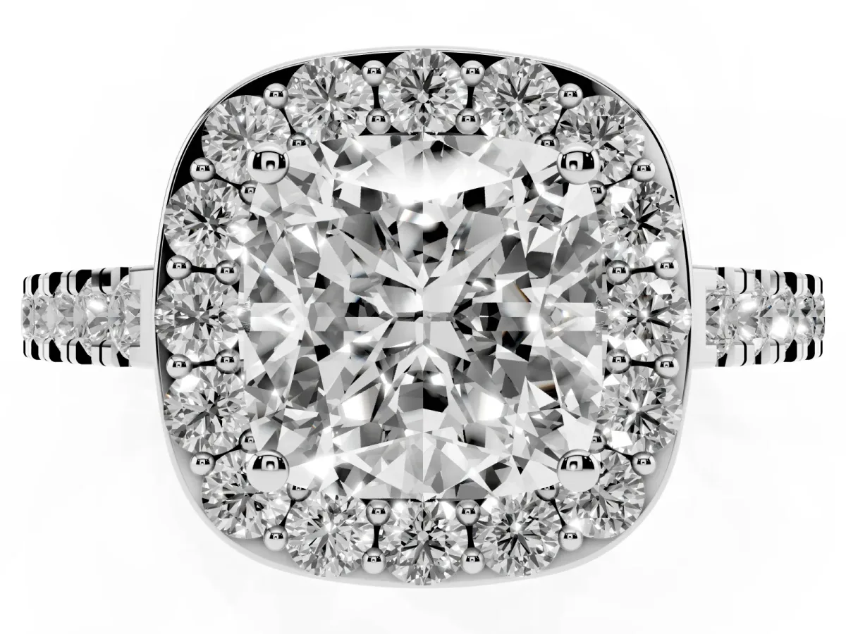 Cushion Cut Diamond Halo Ring with Round Pavé Split Shank and Prong Setting Silver
