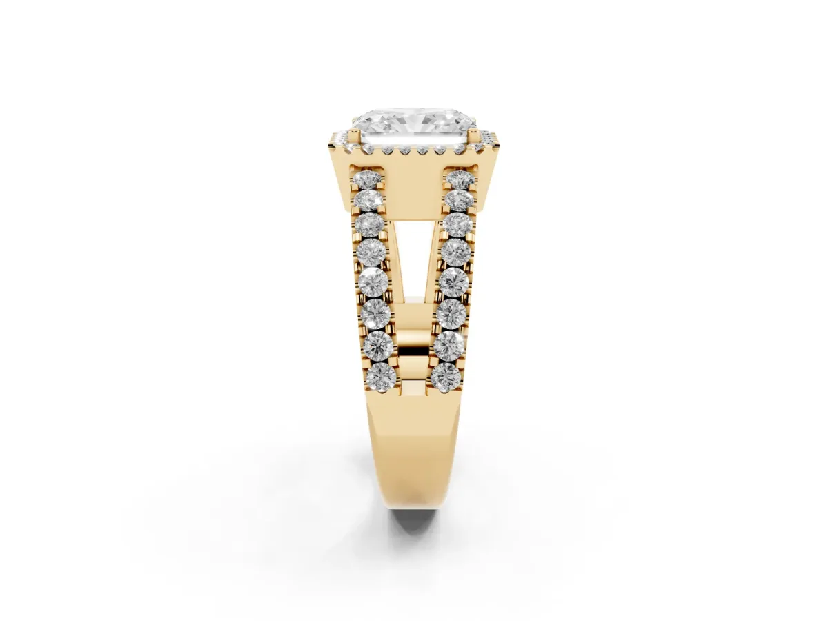 Radiant Cut Cut Halo Split Shank Diamond Ring with Four-Prong Setting Yellow gold