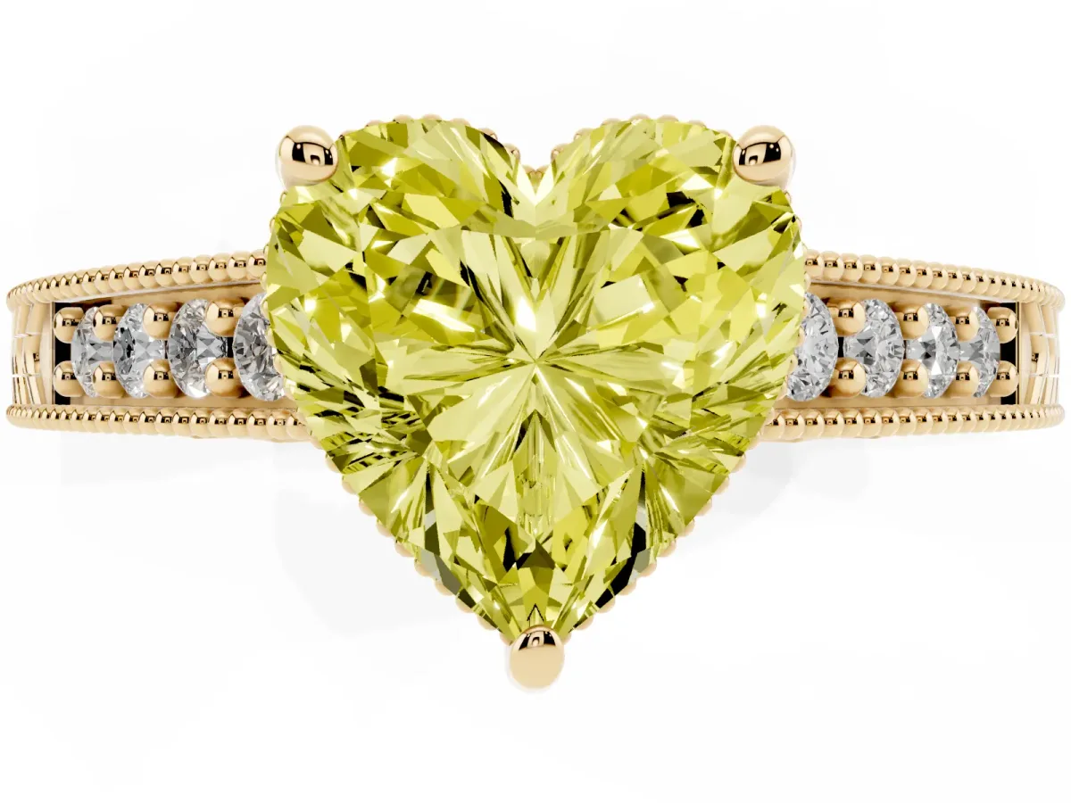 Fancy Yellow Heart Cut Solitaire Pavé Diamond Milgrain Engagement Ring with Four-Prong Setting Yellow gold