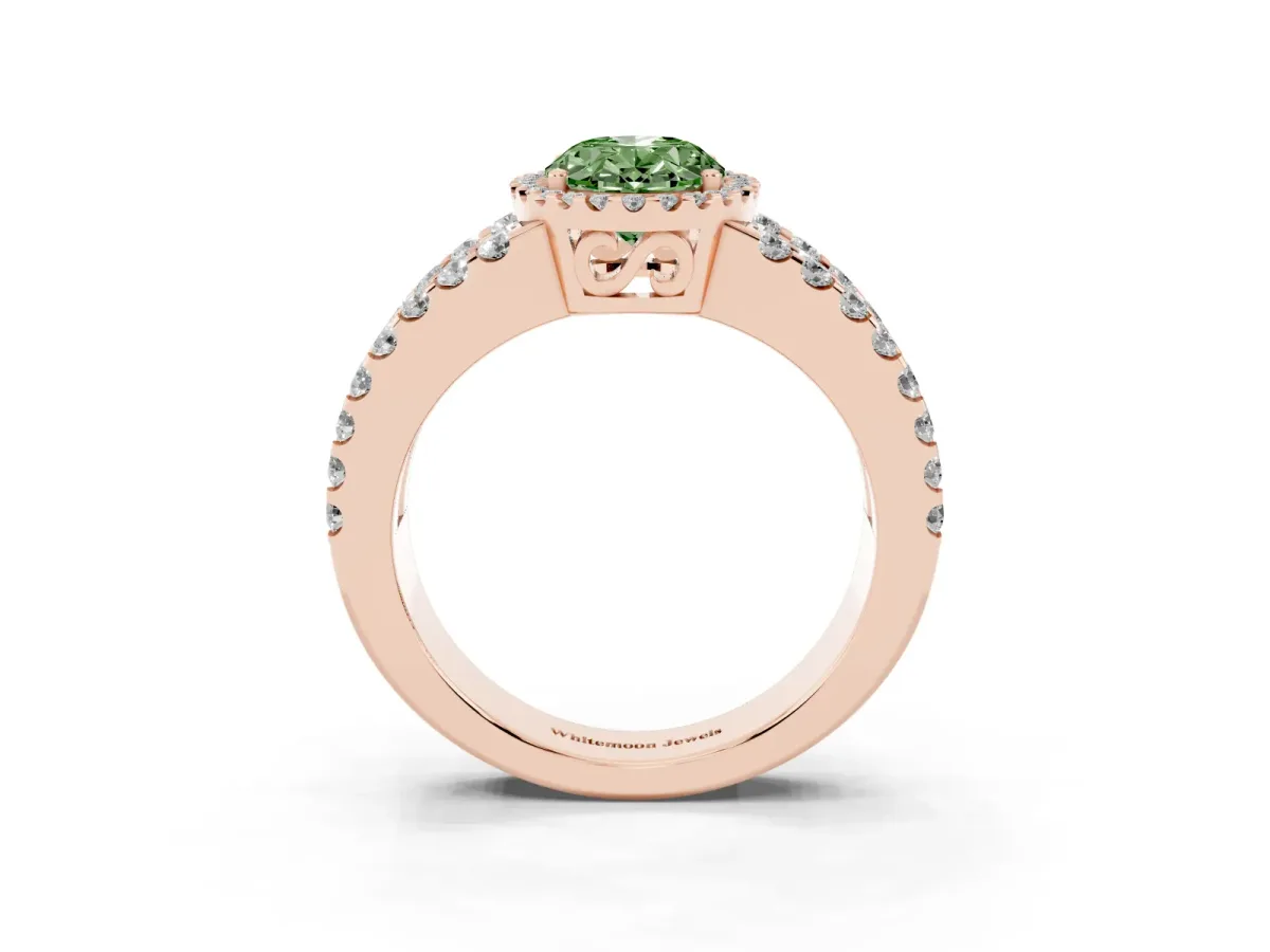 Fancy Green Oval Cut Cut Halo Split Shank Diamond Ring with Four-Prong Setting Rose gold