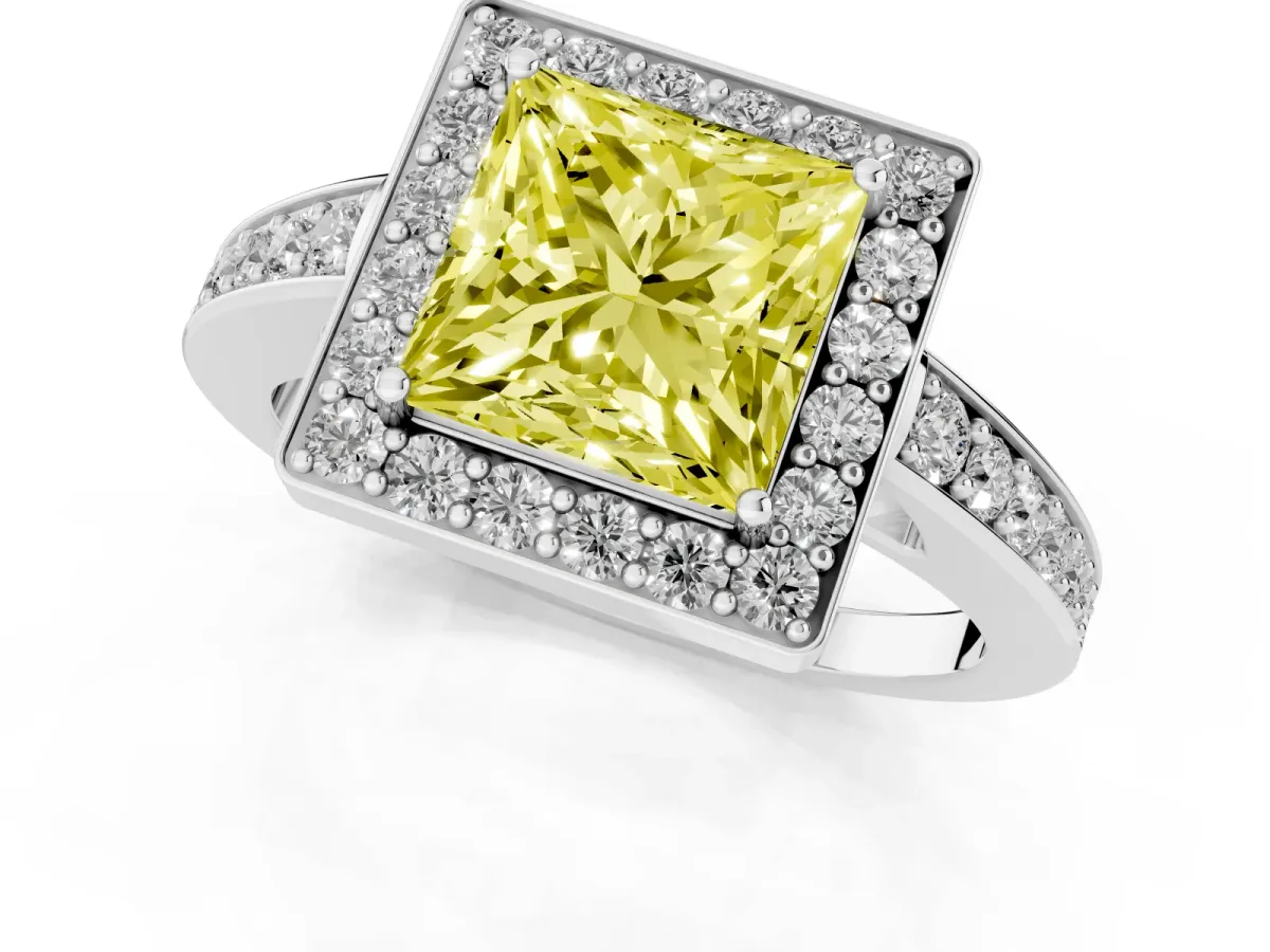 Fancy Yellow Princess Cut Halo Pavé Diamond Engagement Ring with Bezel Setting Silver