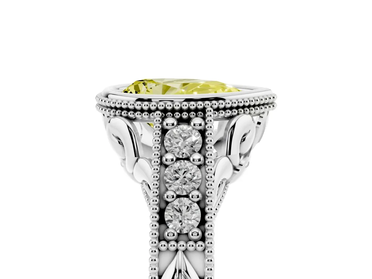 Fancy Yellow Bezel Set Pear Cut Diamond Milgrain Pave Engagement Ring Platinum