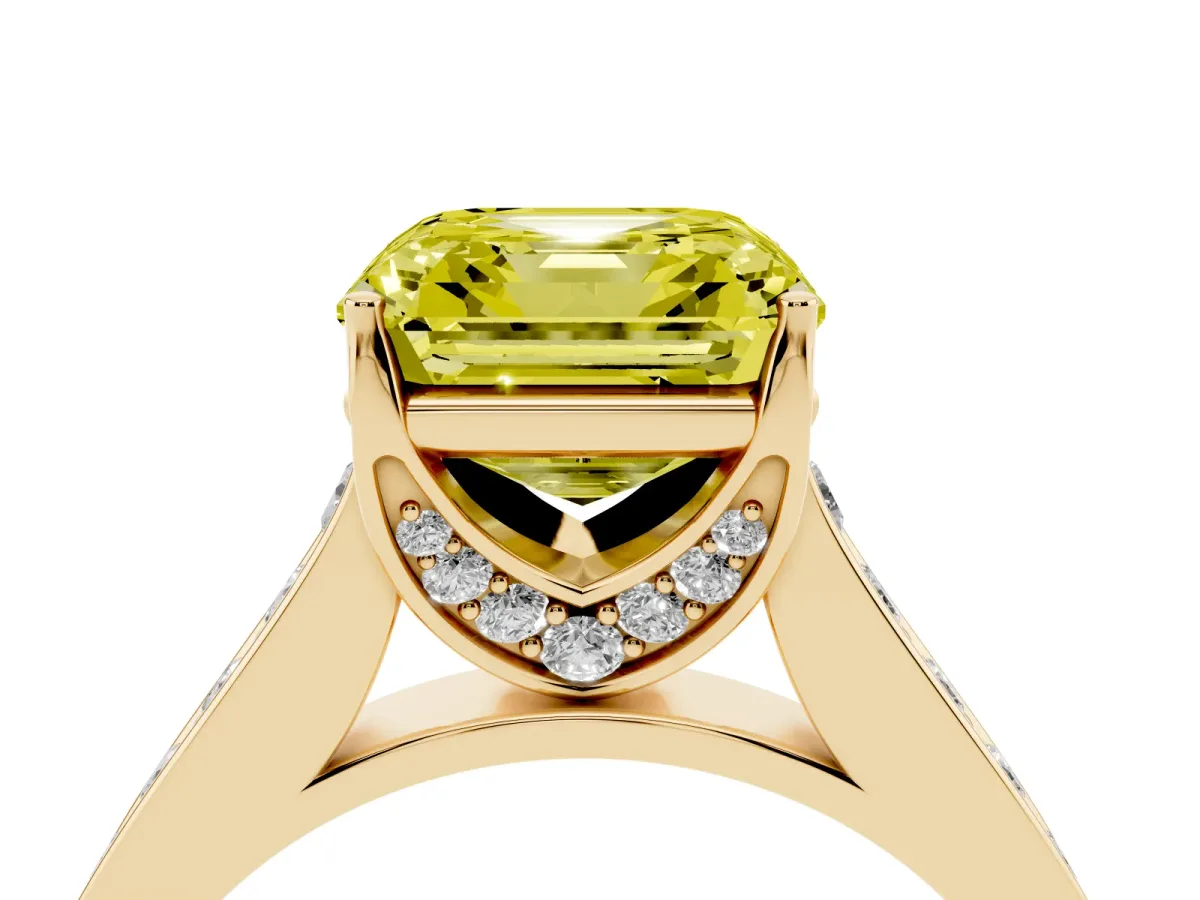 Fancy Yellow Asscher Cut Brilliant Cut Diamond Engagement Ring with Pavé Band and Four-Prong Setting Yellow gold