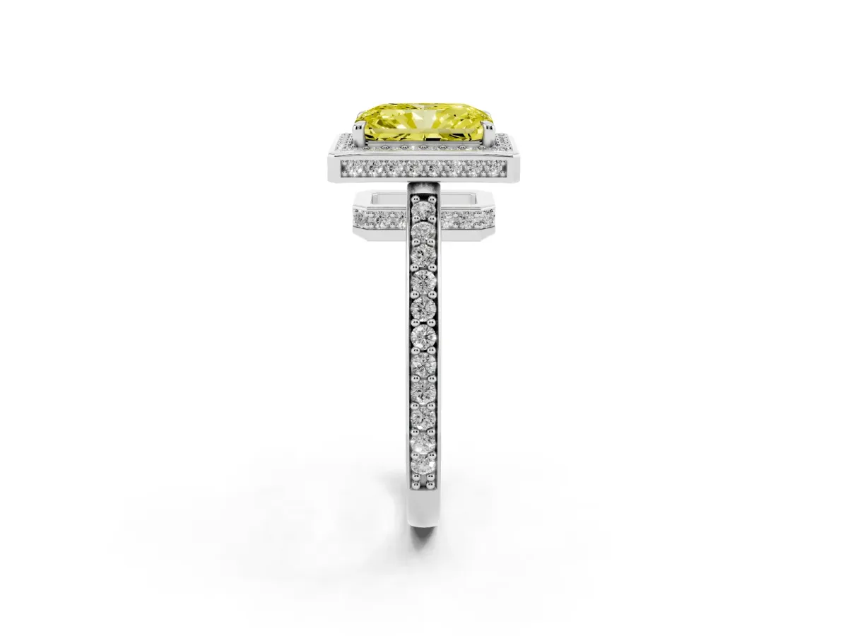 Fancy Yellow Radiant Cut Halo Pave Band Solitaire Ring with Prong Setting Silver