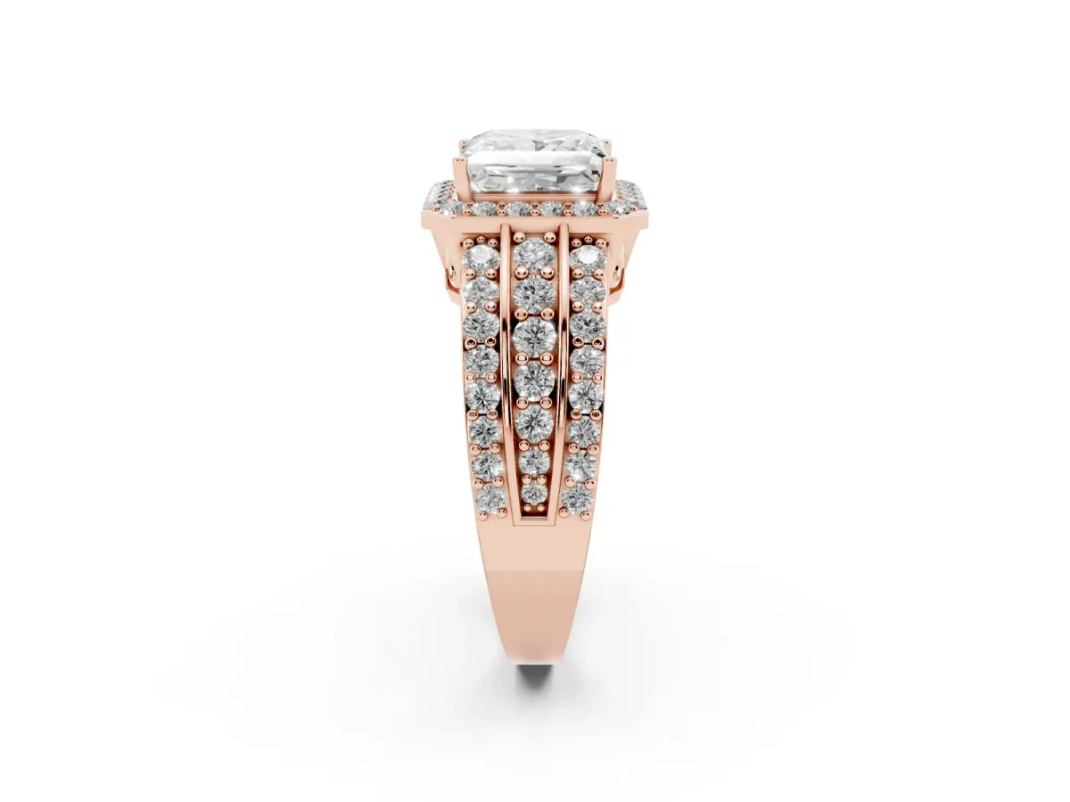 Princess Cut Halo Diamond Ring with Round Split Shank and Prong Setting Rose gold