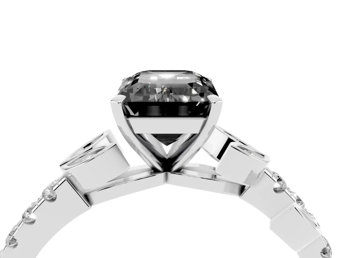 Fancy Black Emerald Cut Solitaire Leaf-Inspired Diamond Ring with Pavé Band and Four-Prong Setting Silver