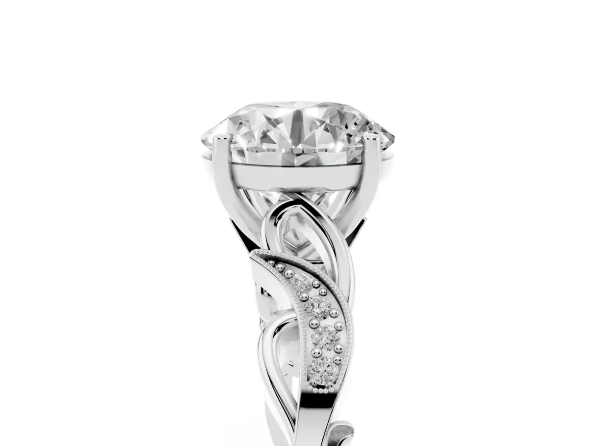 Round Cut Solitaire Vine Band with Milgrain Prong Setting White gold
