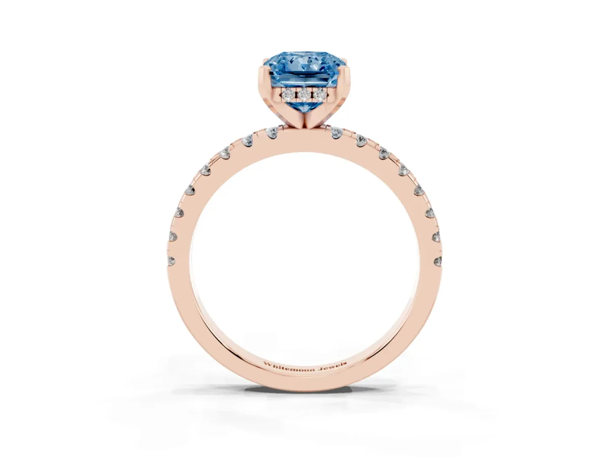 Fancy Blue Radiant Cut Diamond Solitaire Ring with Round Pavé Band and Four-Prong Setting Rose gold