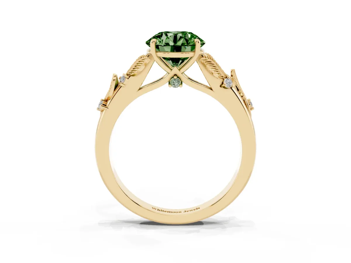 Fancy Green Round Cut Diamond Solitaire Ring with Leaf Motif Band and Four-Prong Setting Yellow gold
