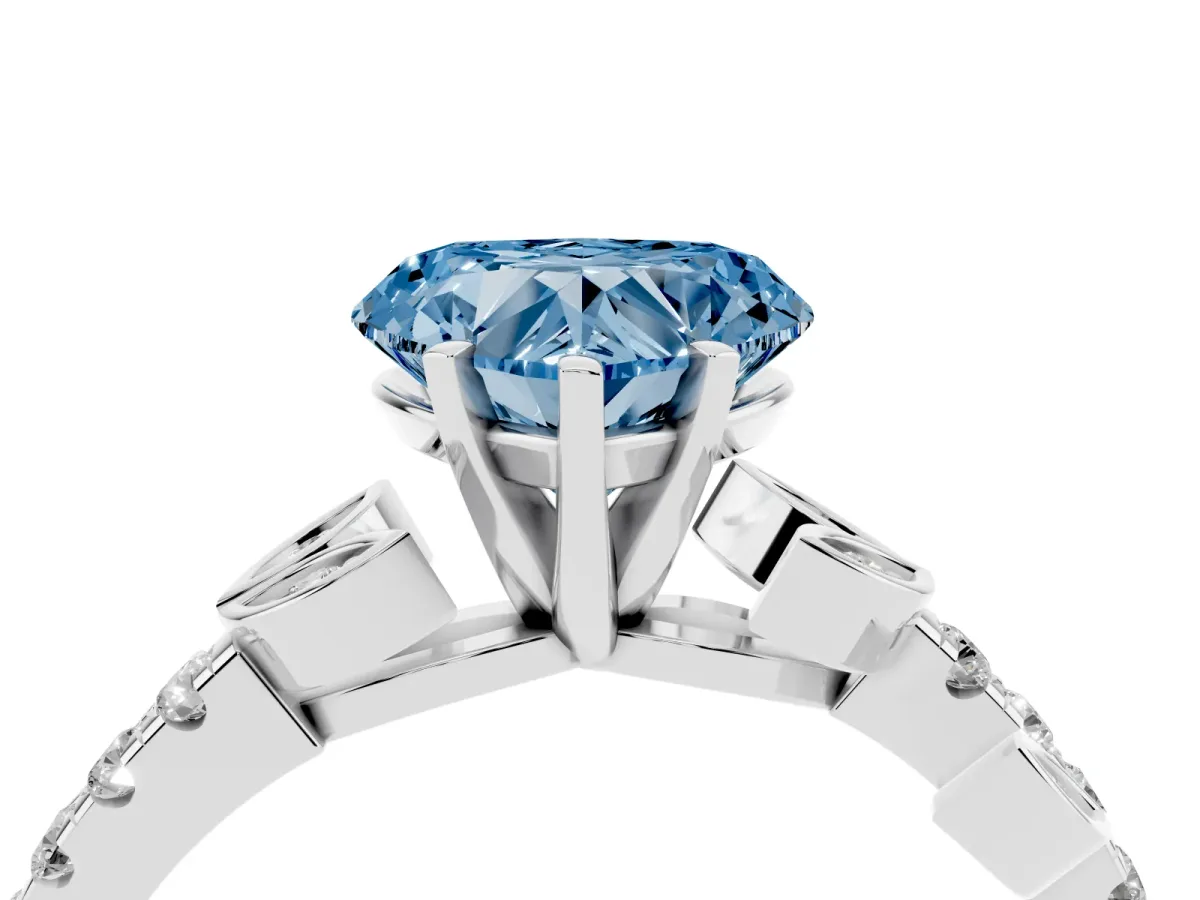 Fancy Blue Heart Cut Solitaire Leaf-Inspired Diamond Ring with Pavé Band and Four-Prong Setting Silver