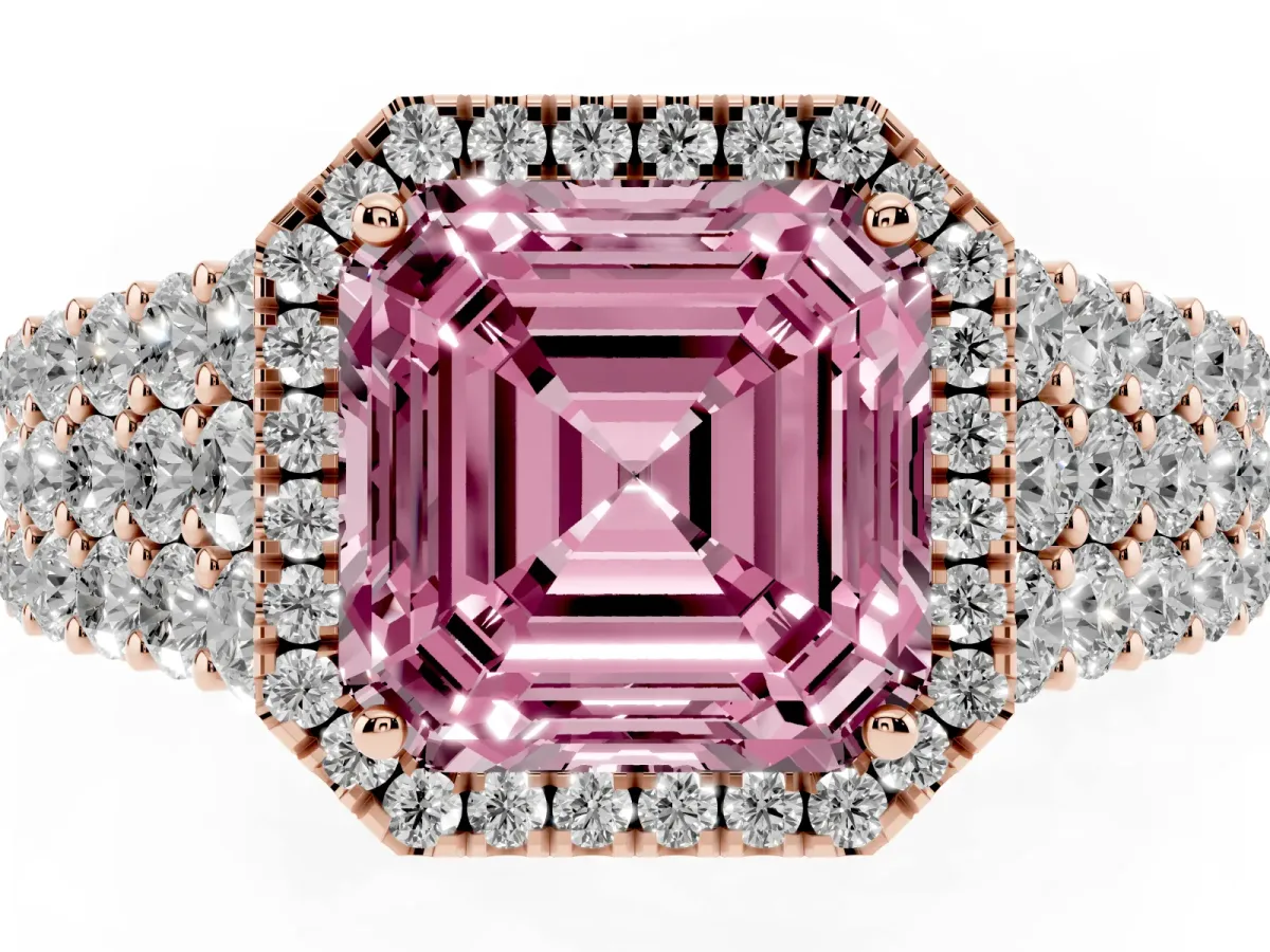 Fancy Pink Asscher Cut Diamond Halo Engagement Ring with Triple Row Round Pavé Band and Prong Setting Rose gold