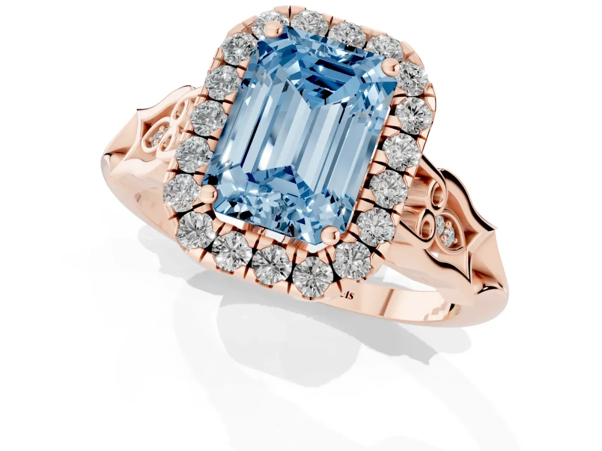 Fancy Blue Emerald Cut Halo Diamond Engagement Ring with Filigree Band and Four-Prong Setting Rose gold