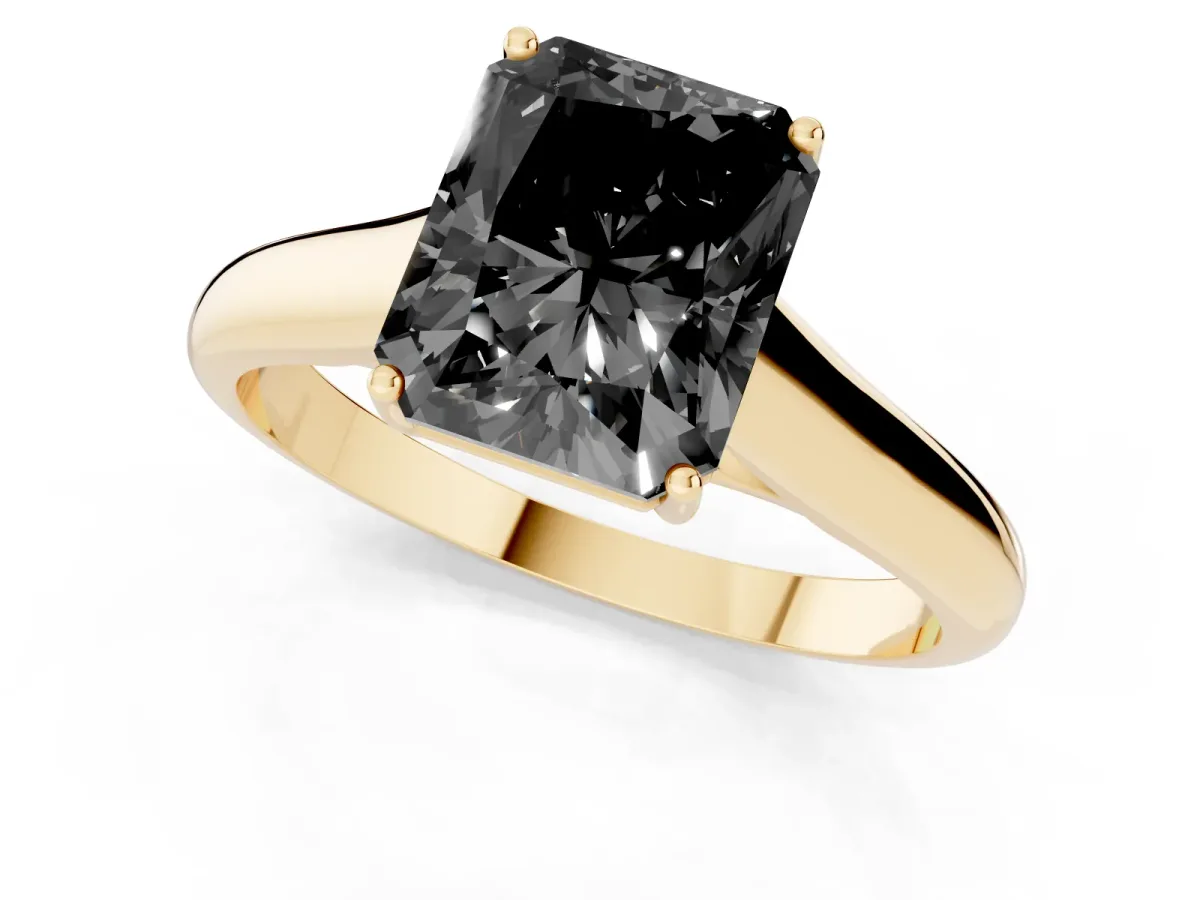 Fancy Black Radiant Cut Solitaire Engagement Ring with Tapered Band and Four-Prong Setting Yellow gold