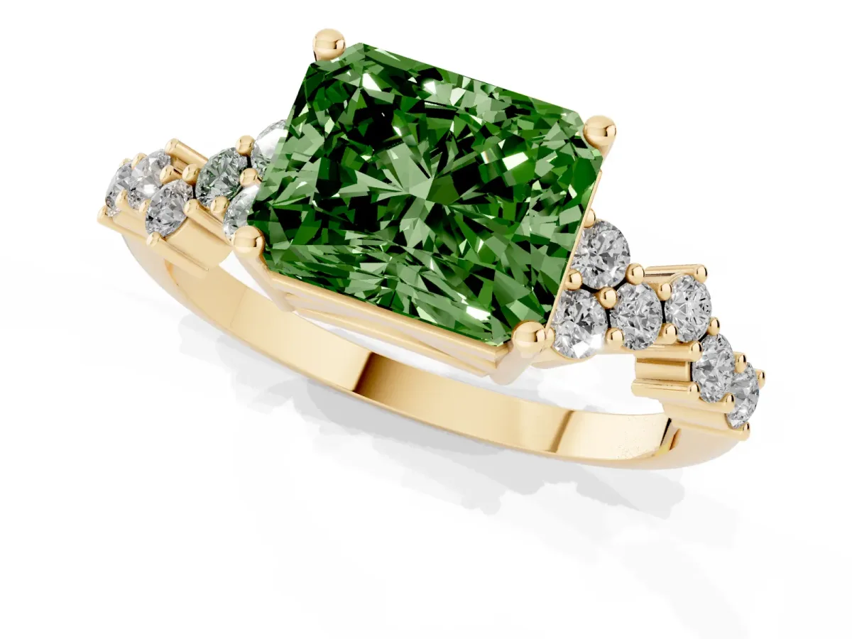 Fancy Green Radiant Cut Diamond Scattered Round Accent Ring with Prong Setting Yellow gold