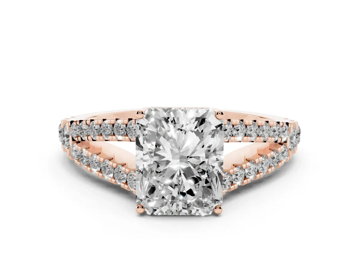 Radiant Cut Diamond Split Shank Engagement Ring with Round Pavé and Prong Setting Rose gold