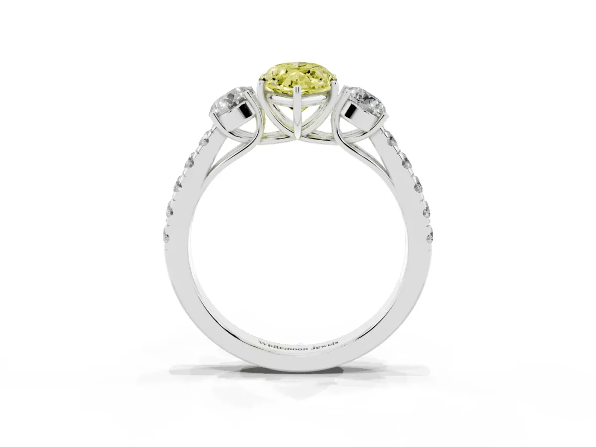 Fancy Yellow Marquise Cut Cut Diamond Three-Stone Ring with Round Side Stones and Pavé Band Silver