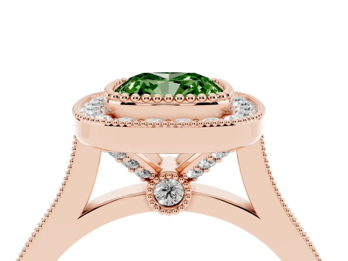 Fancy Green Cushion Cut Diamond Halo Ring with Milgrain Frame and Pavé Band Rose gold