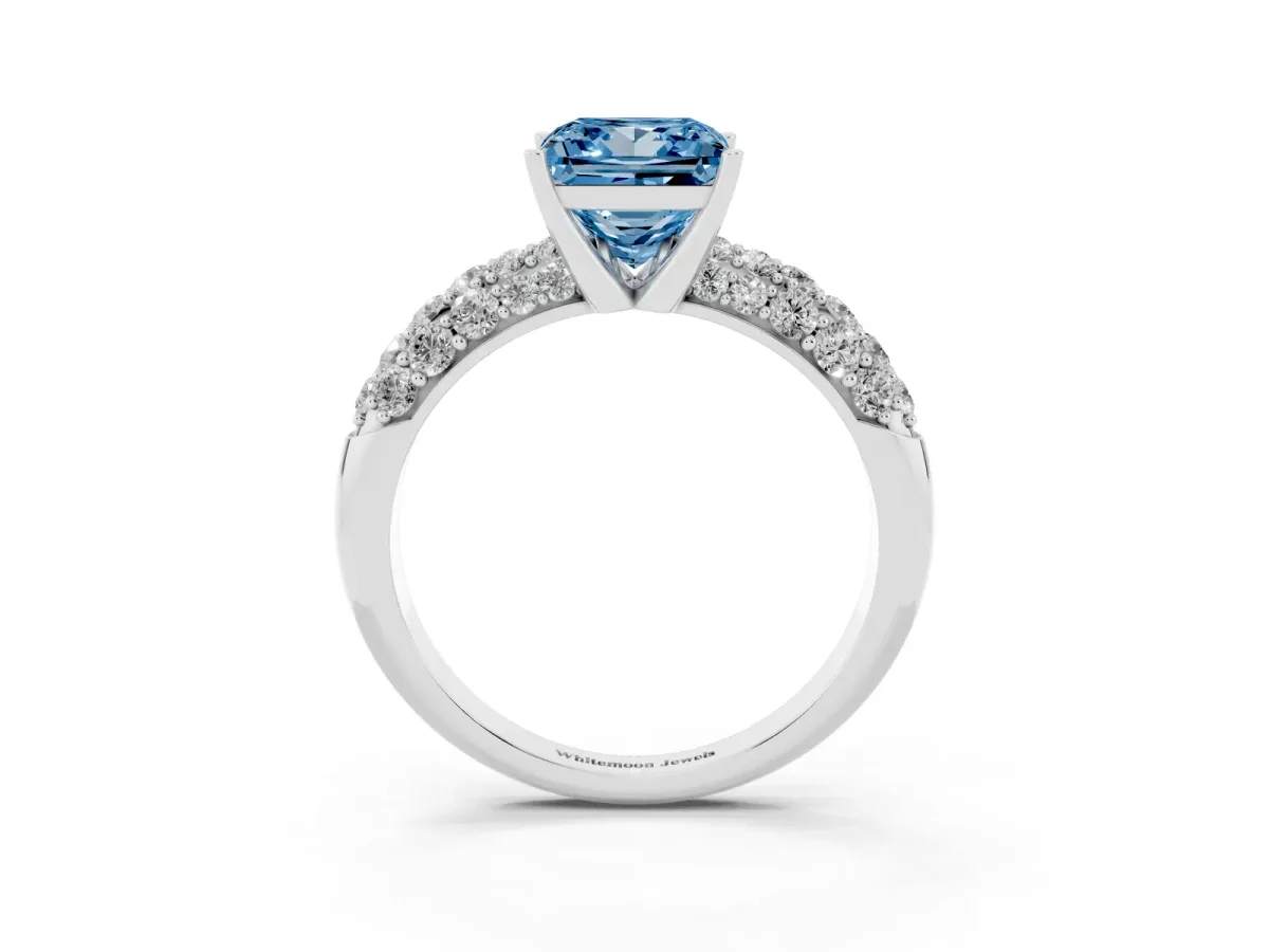 Fancy Blue Princess Cut Diamond Pavé Band Solitaire Ring with Four-Prong Setting Silver