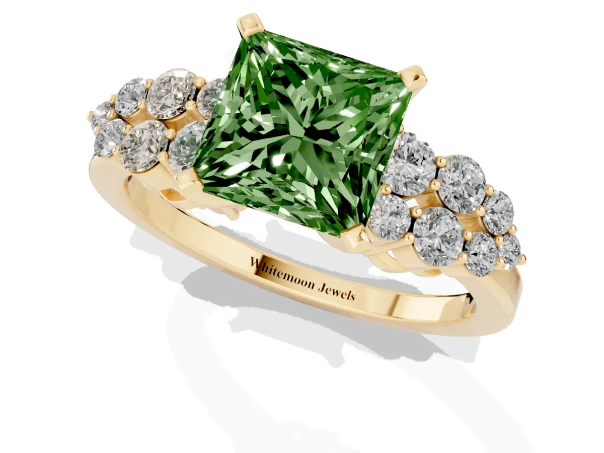 Fancy Green Princess Cut Cluster Diamond Engagement Ring with Pavé Band and Four-Prong Setting Yellow gold