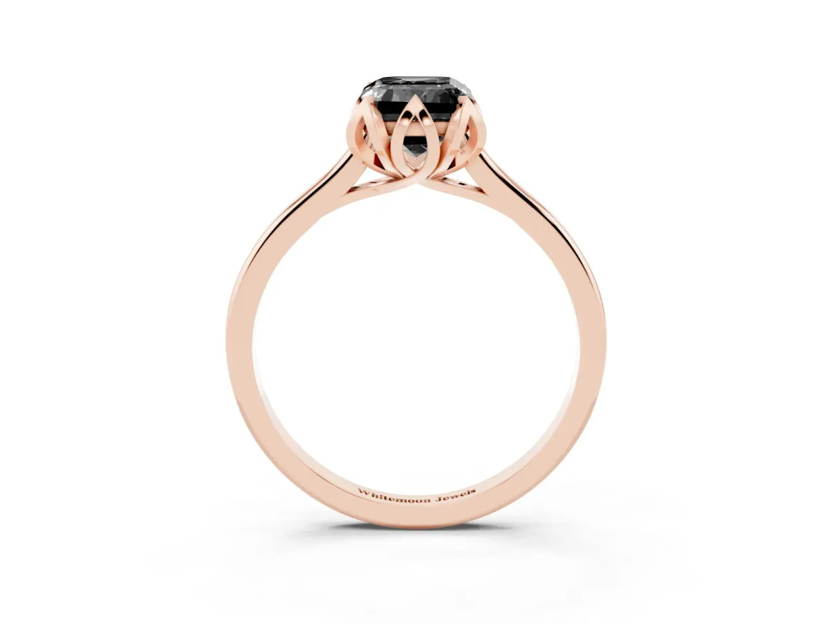 Fancy Black Emerald Cut Diamond Solitaire Ring with Flower Prong Setting and Classic Band Rose gold