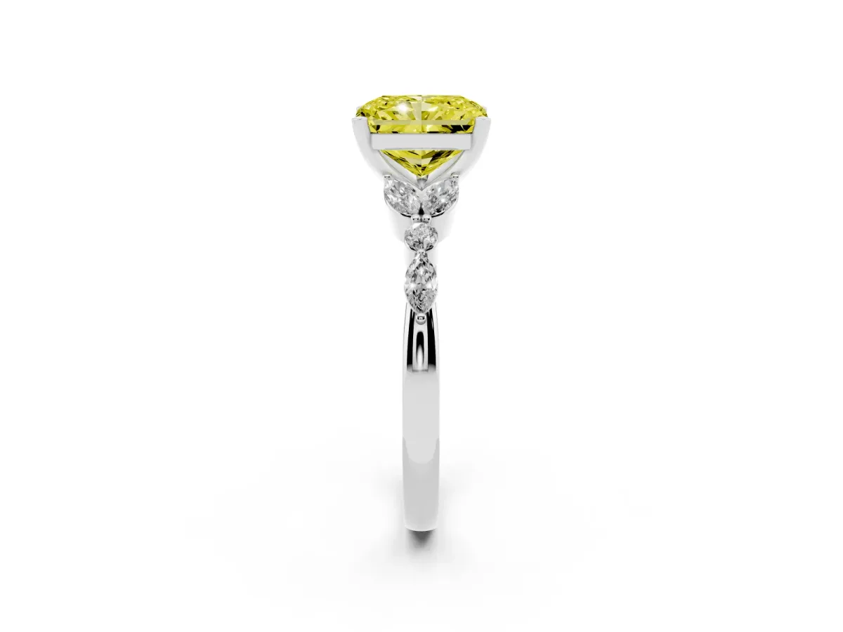 Fancy Yellow Radiant Cut Diamond Solitaire Ring with Side Stones and Four-Prong Setting Silver